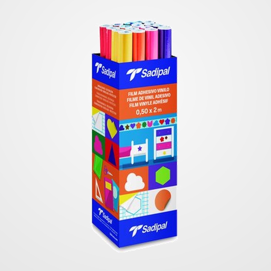 PLASTICO ADHESIVO SADIPAL PP 70µ ROLLO 0,50 x 2 m GLOSSY EXPOSITOR de 24 (2 x color)