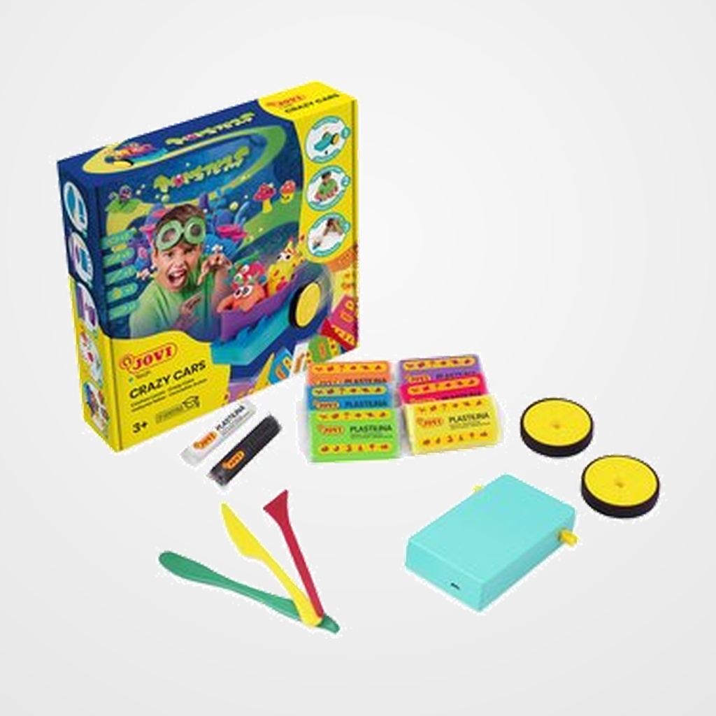 PLASTILINA JOVI JOVITECH CRAZY CARS MONSTERS KIT (6x pastilla plastilina surtido de 50g ,  2x barritas plastilina de 15g, 3x modeladores, 2x ruedas crazy cars, 1x plataforma crazy cars)