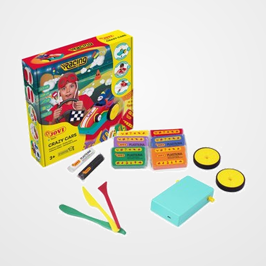 PLASTILINA JOVI JOVITECH CRAZY CARS RACING KIT (6x pastilla plastilina surtido de 50g ,  2x barritas plastilina de 15g, 3x modeladores, 2x ruedas crazy cars, 1x plataforma crazy cars)