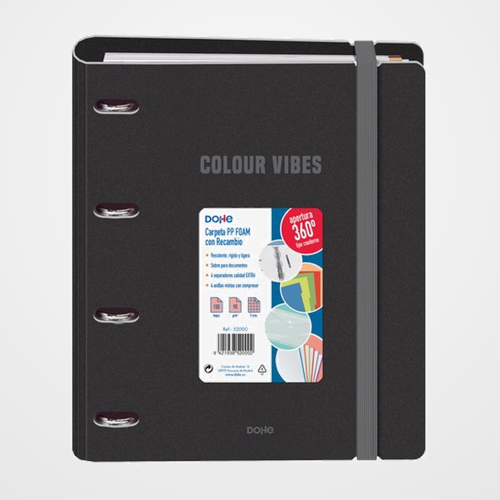 CARPEBLOC DOHE COLOUR VIBES A4 POLYFOAM 4 ANILLAS MIXTAS 35 mm con RECAMBIO 100hj. 90gr. CUADRIC.5x5 NEGRO