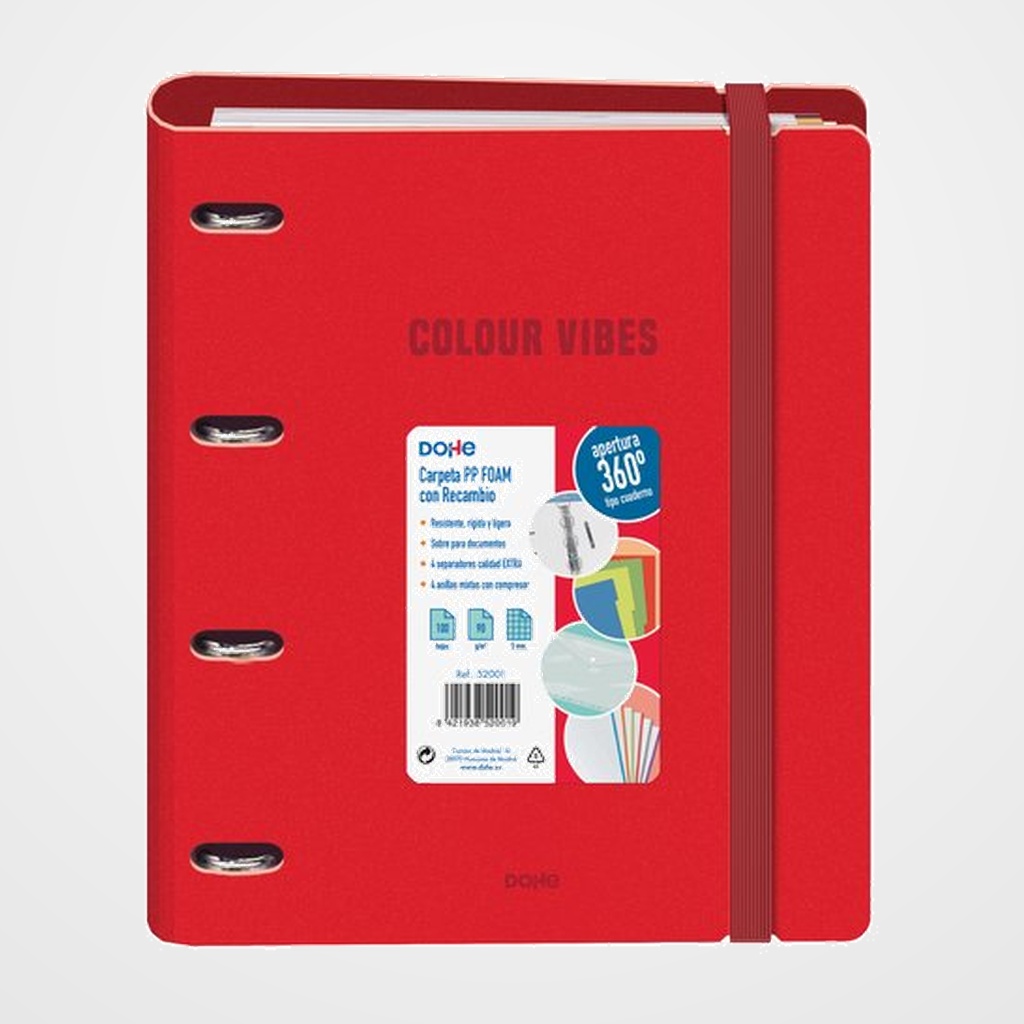 CARPEBLOC DOHE COLOUR VIBES A4 POLYFOAM 4 ANILLAS MIXTAS 35 mm con RECAMBIO 100hj. 90gr. CUADRIC.5x5 ROJO