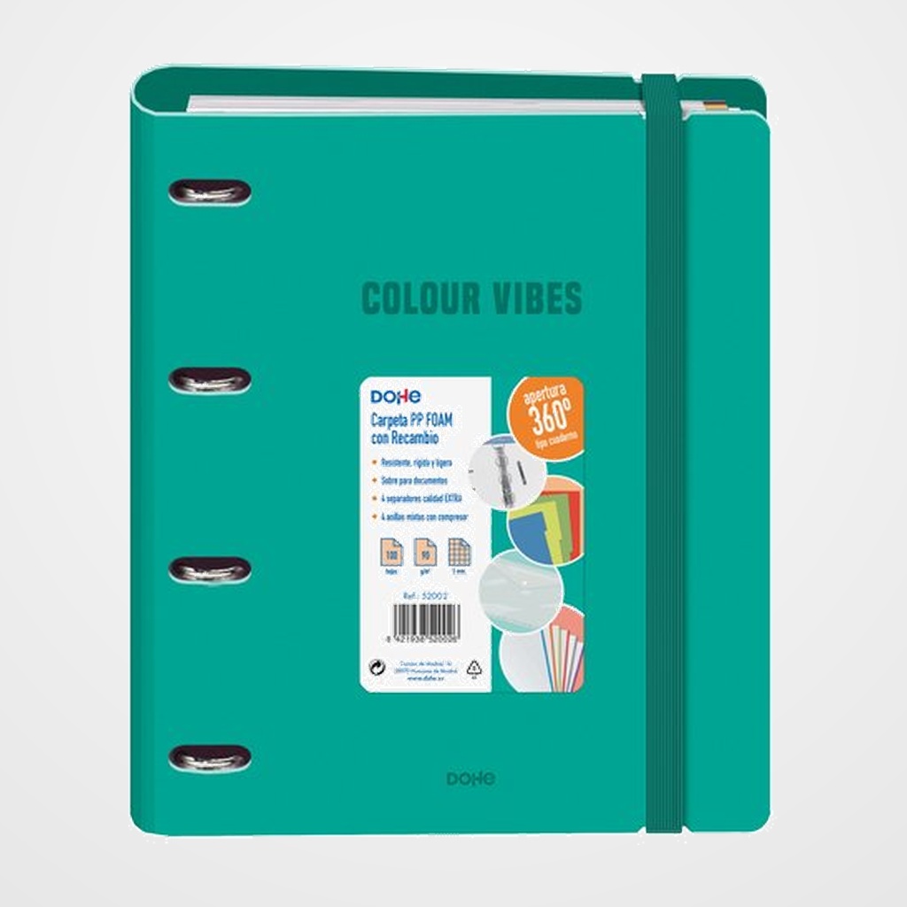 CARPEBLOC DOHE COLOUR VIBES A4 POLYFOAM 4 ANILLAS MIXTAS 35 mm con RECAMBIO 100hj. 90gr. CUADRIC.5x5 VERDE