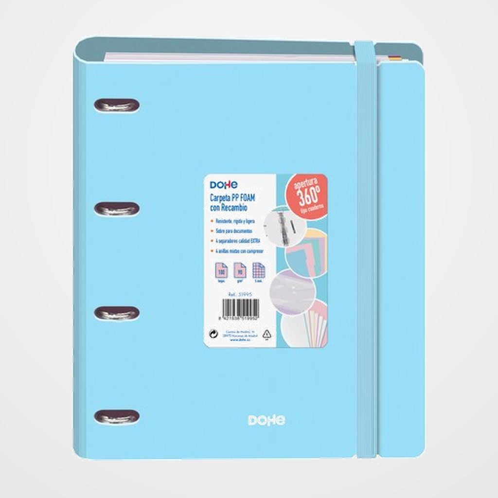 CARPEBLOC DOHE SERENITY A4 POLYFOAM 4 ANILLAS MIXTAS 35 mm con RECAMBIO 100hj. 90gr. CUADRIC.5x5 AZUL
