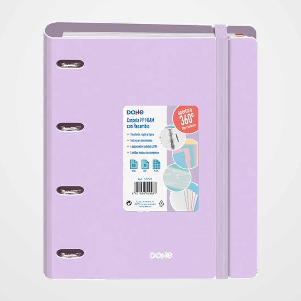 CARPEBLOC DOHE SERENITY A4 POLYFOAM 4 ANILLAS MIXTAS 35 mm con RECAMBIO 100hj. 90gr. CUADRIC.5x5 MORADO