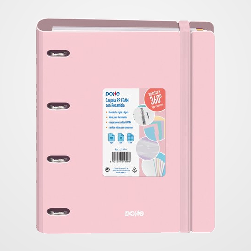 CARPEBLOC DOHE SERENITY A4 POLYFOAM 4 ANILLAS MIXTAS 35 mm con RECAMBIO 100hj. 90gr. CUADRIC.5x5 ROSA