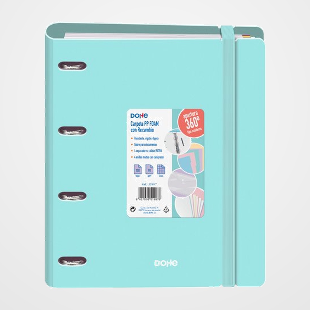 CARPEBLOC DOHE SERENITY A4 POLYFOAM 4 ANILLAS MIXTAS 35 mm con RECAMBIO 100hj. 90gr. CUADRIC.5x5 VERDE