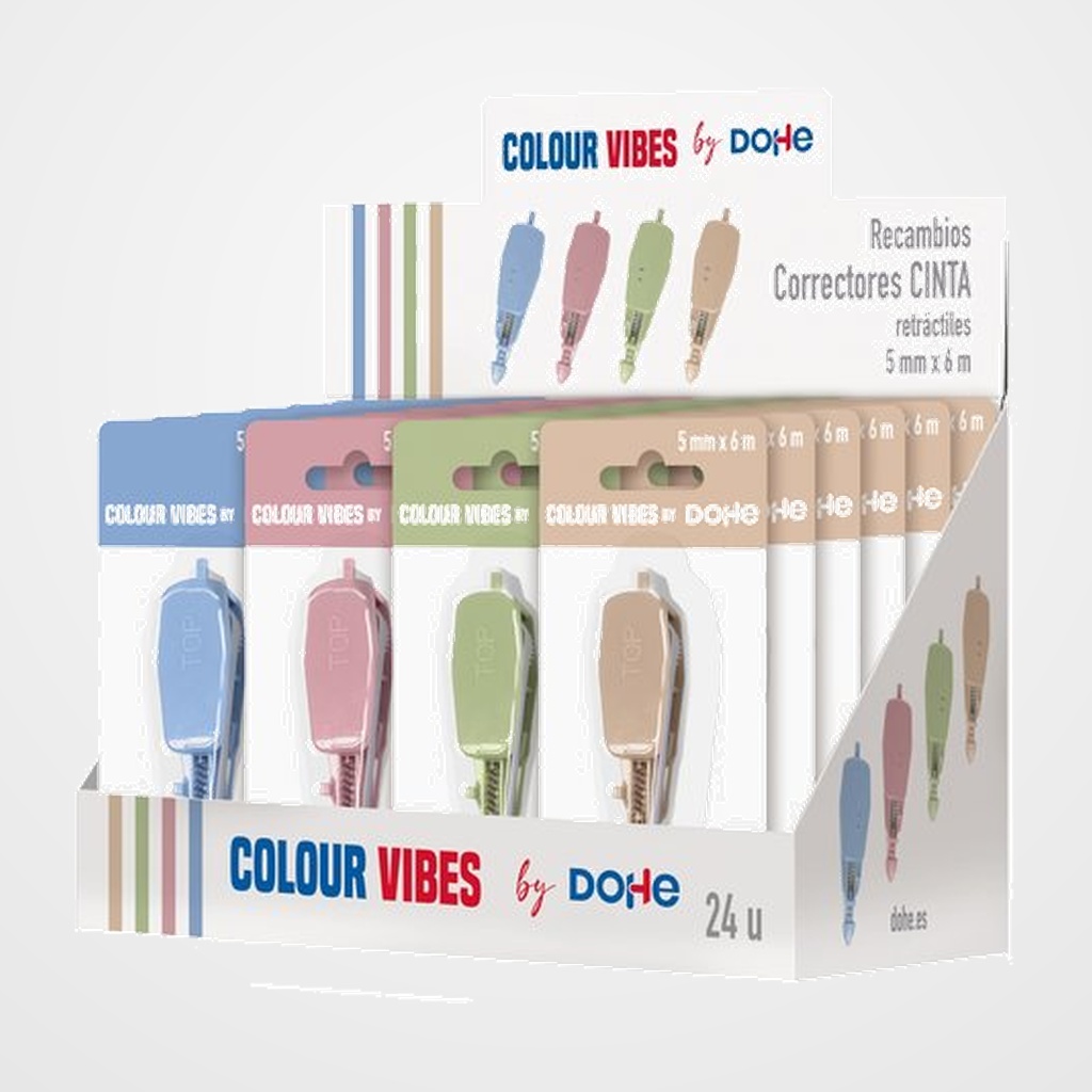 RECAMBIO CORRECTOR CINTA DOHE COLOUR VIBES 5 mm x 6 m SURTIDO EXPOSITOR DE 24