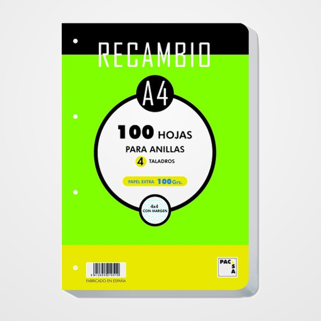 RECAMBIO PACSA A4 100h 100g 4 TALADROS CUADRIC.4x4 CANTOS REDONDEADOS