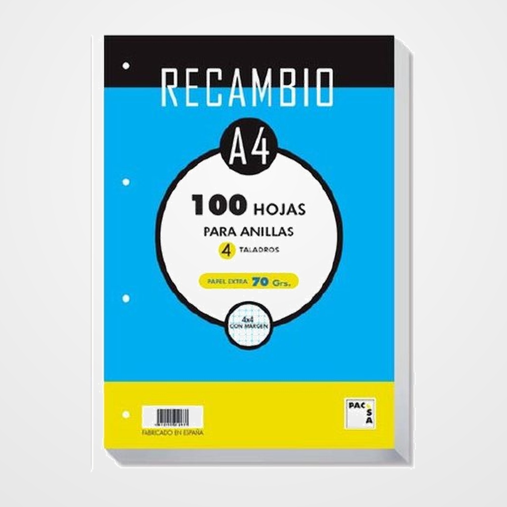 RECAMBIO PACSA A4 100h 70g 4 TALADROS CUADRIC.4x4