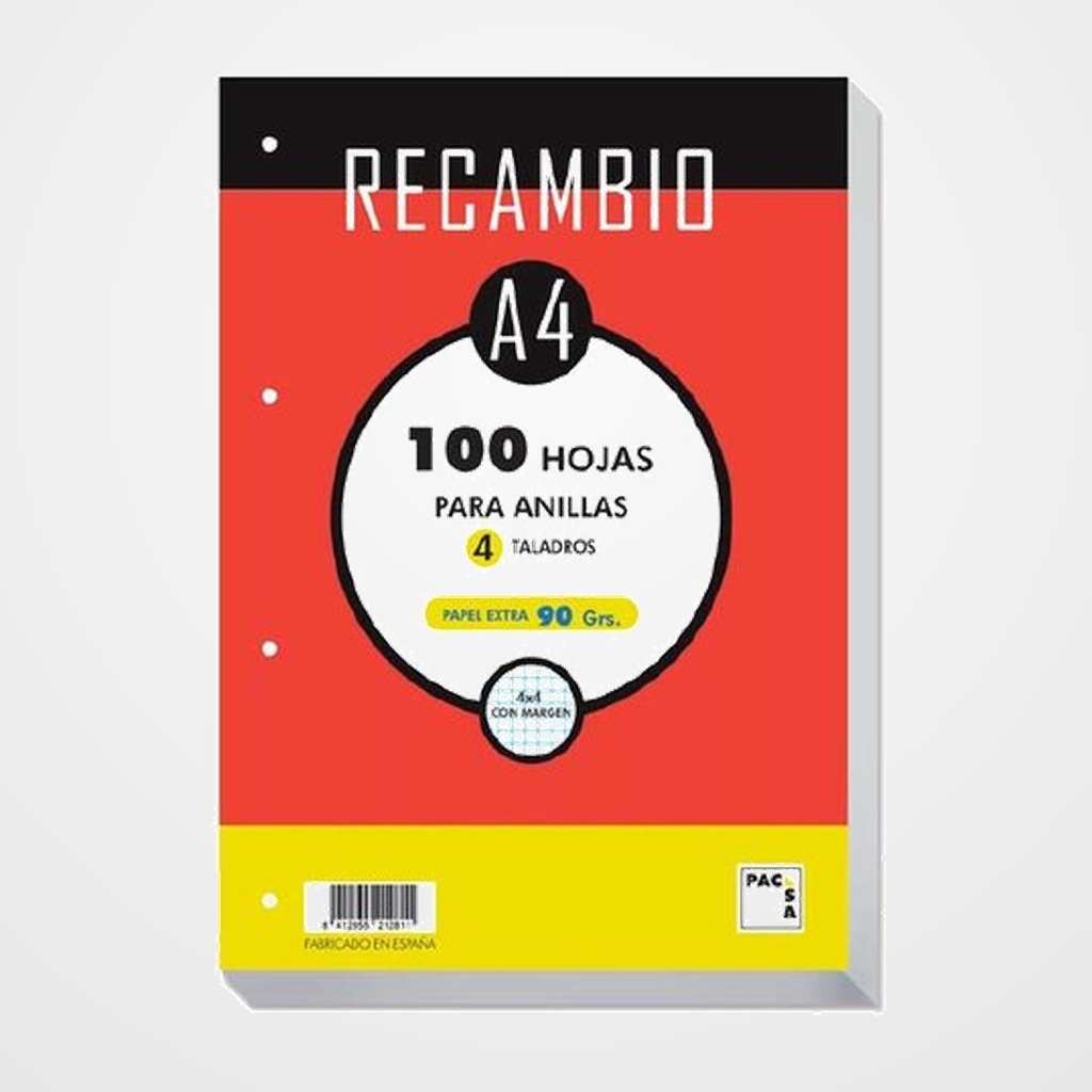 RECAMBIO PACSA A4 100h 90g 4 TALADROS CUADRIC.4x4