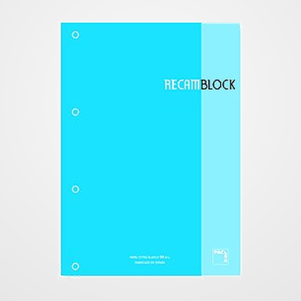RECAMBIO PACSA XBLOCK ENCOLADO A4 80h 90g 4 TALADROS CUADRIC.5x5 TURQUESA (1 color en rayado y banda)