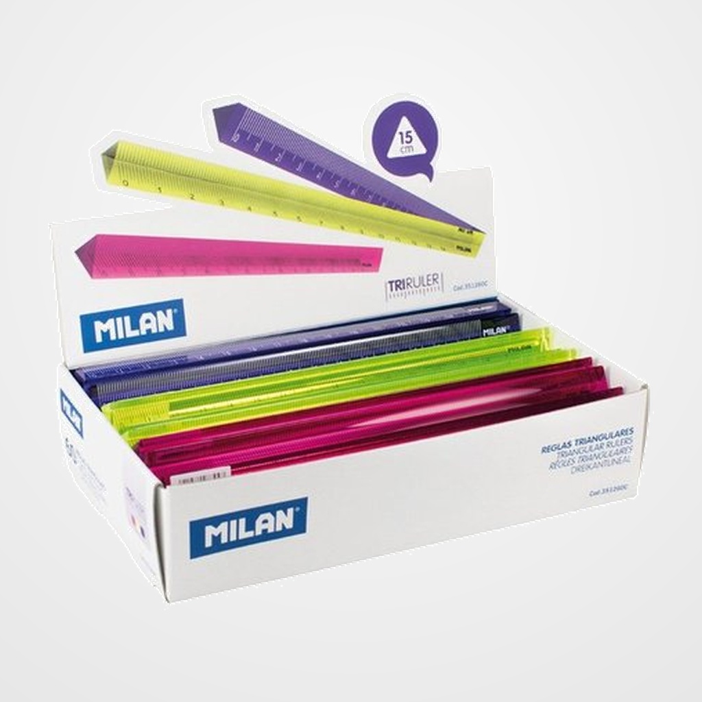 REGLA TRIANGULAR MILAN 15 CMS SURTIDO EXPOSITOR de 60 (Amarillo, azul y rosa translucido)