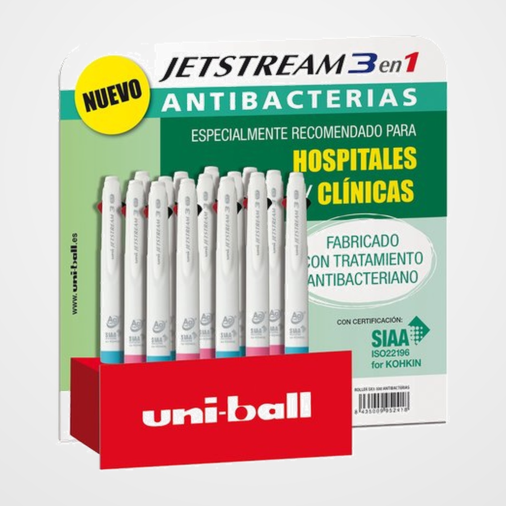 ROLLER GEL RT. UNI-BALL JETSTREAM 3 ANTIBACTERIAS 0,7 SURTIDO EXPOSITOR de 15
