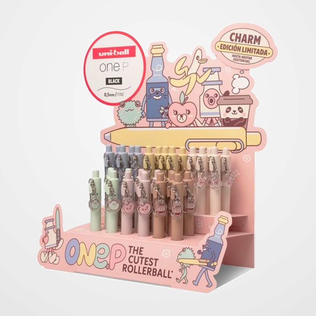 ROLLER GEL RT. UNI-BALL ONE P CHARMS EXPOSITOR de 30 (6 col.)