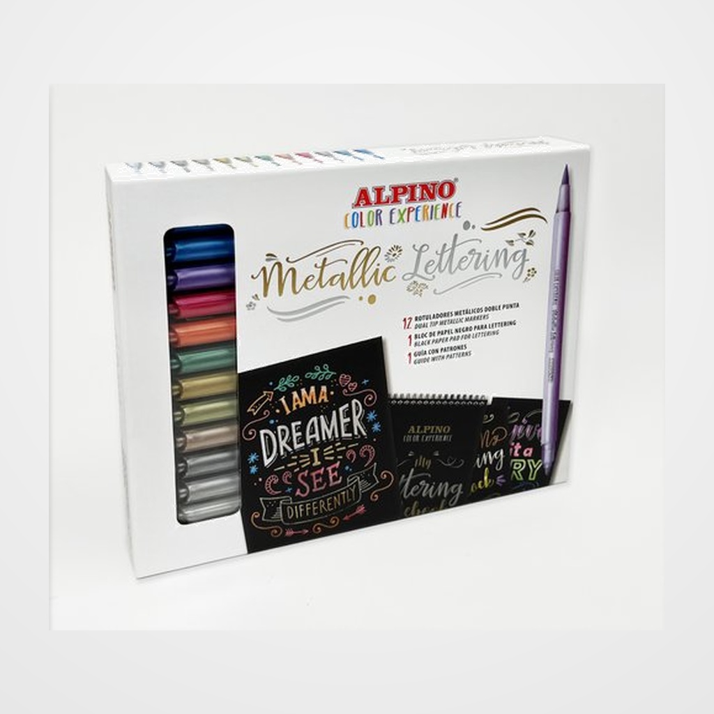 ROTULADOR FIBRA ALPINO COLOR EXPERIENCE METALLIC LETTERING SET de 12 12x rotulador de doble punta  1x Bloc de lettering 20 hj.  1x Guia de ideas lettering 20 propuestas