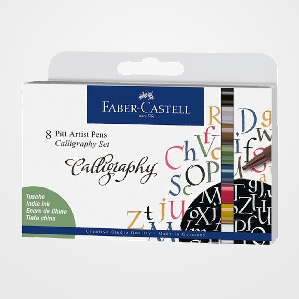 ROTULADOR FIBRA FABER-CASTELL PITT ARTIST PEN CALLIGRAPHY ESTUCHE DE 8 (blanco C, negro C, verde cromado opaco C, azul indantherene C, gris calido IV C, marron sepia C, verde dorado C, reosa carmin C)
