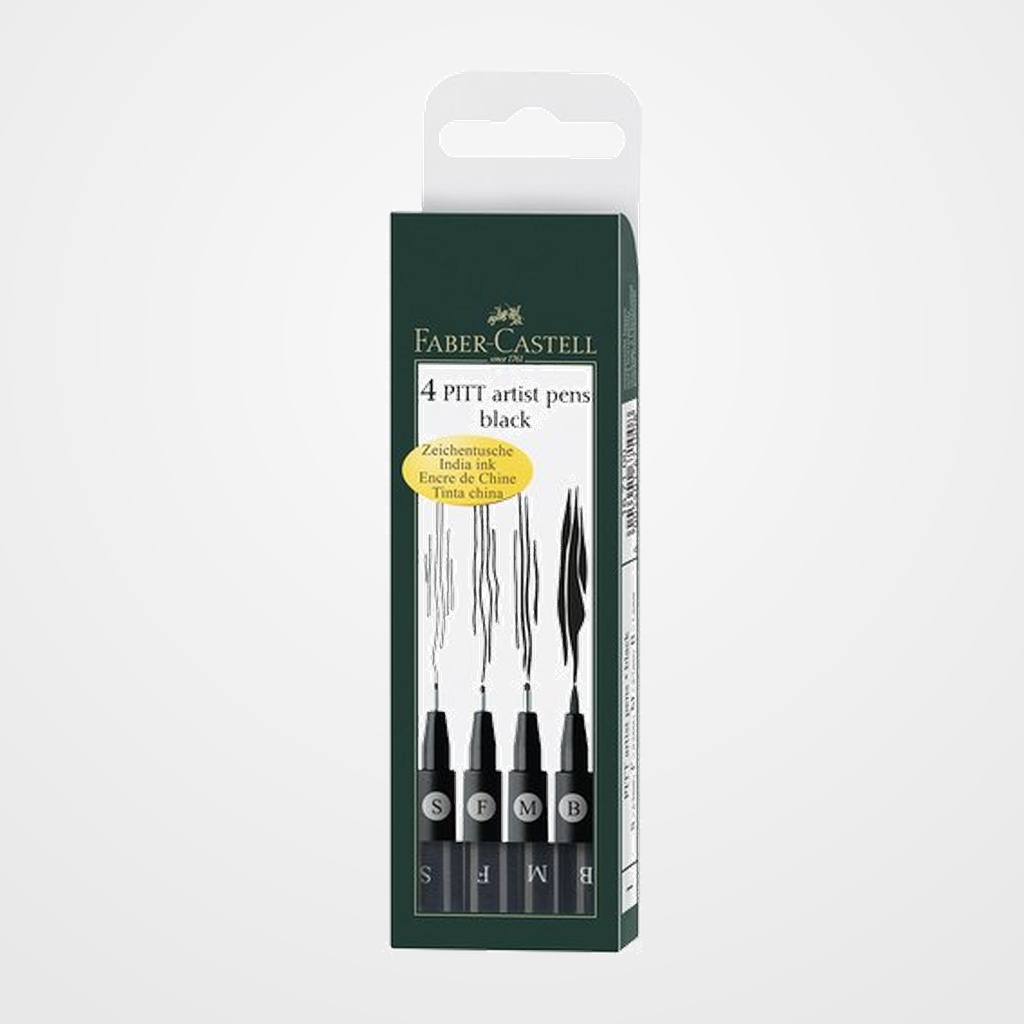ROTULADOR FIBRA FABER-CASTELL PITT ARTIST PENS NEGROS ESTUCHE de 4  (S-F-M-B (pincel))