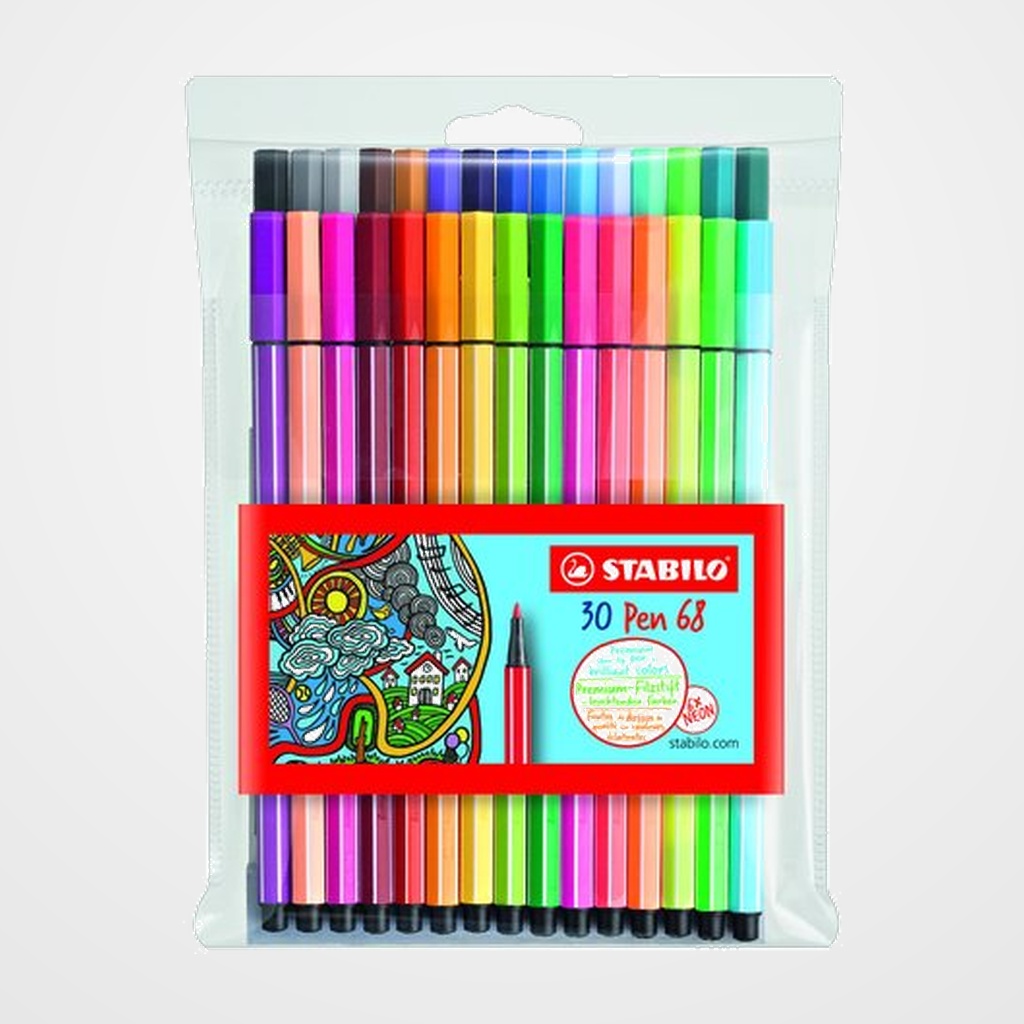 ROTULADOR FIBRA STABILO PEN 68 CAJA PLASTICO de 24 + 6 NEON