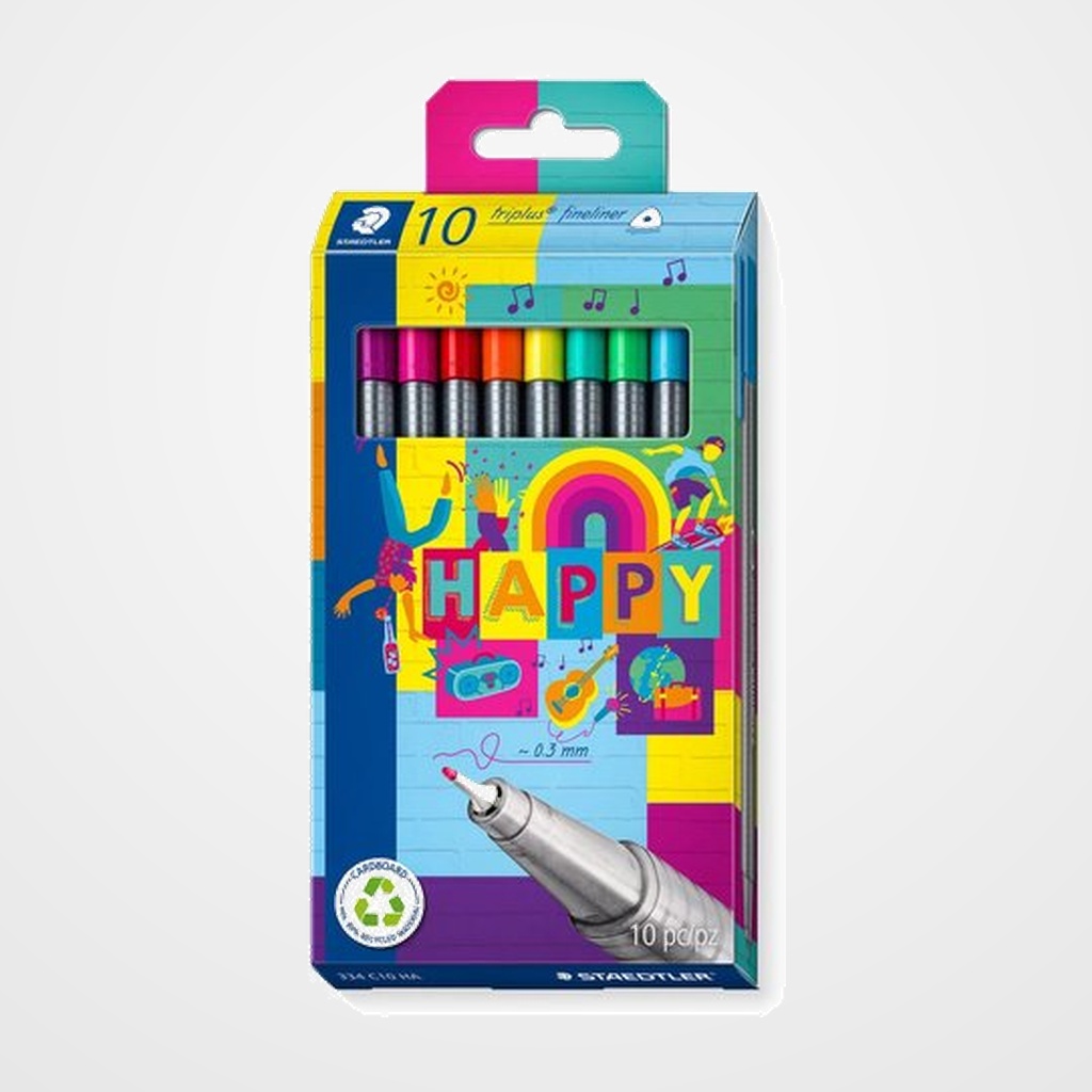 ROTULADOR FIBRA STAEDTLER  334 TRIPLUS FINELINER HAPPY LINE Estuche de 10