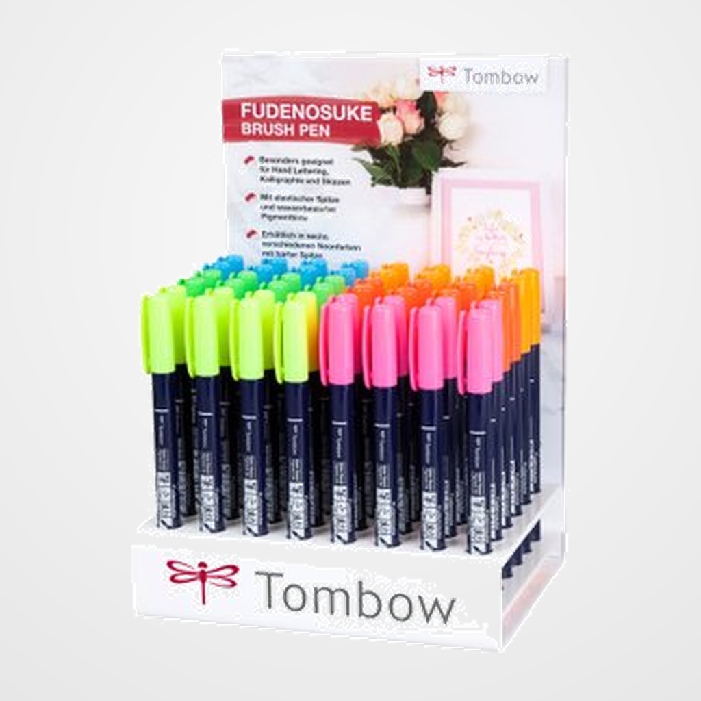 ROTULADOR TOMBOW CALIGRAFIA FUDENOSUKE EXPOSITOR de 48 (8x rosa neon, 8x amarillo neon, 8x verde neon, 8x naranja neon, 8x rojo neon, 8x azul neon)