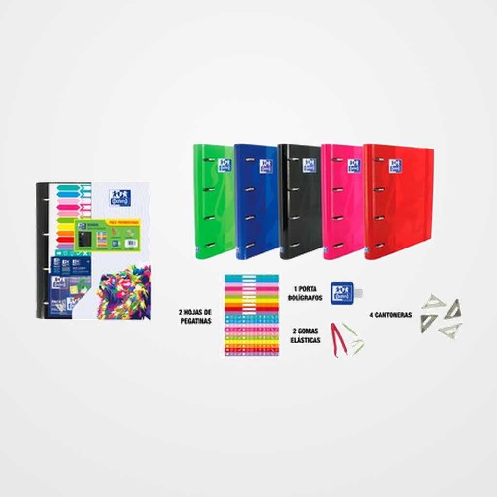 CARPEBLOC OXFORD SCHOOL EUROPEANBINDER CLASSIC A4+ 4 an.MIXTAS 35mm con RECAMBIO 100 hj. CUADRIC.5x5 SURTIDO (5 col. vivos) (Pack carpebloc, 2x hj. Stickers, portaboligrafos, 2x gomas elasticas y 4x cantoneras)