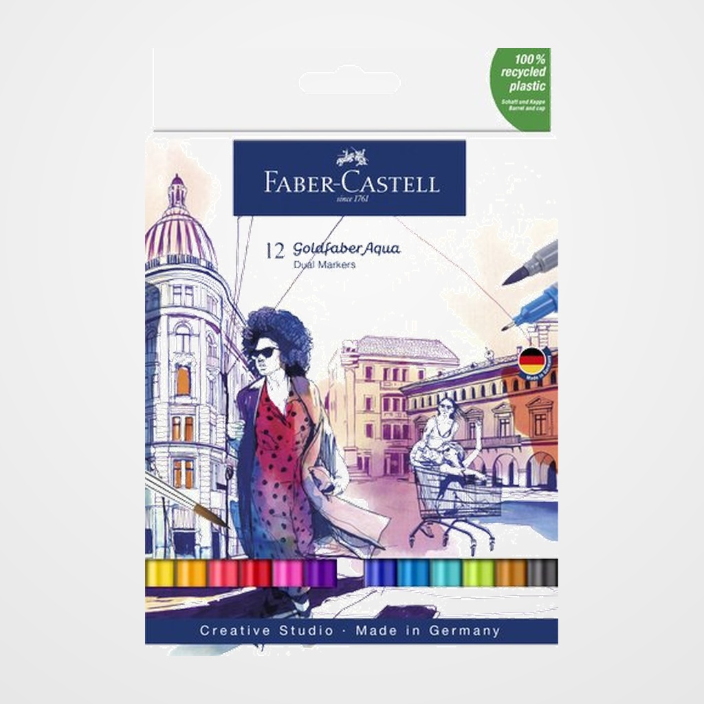 ROTULADORES ACUARELABLES FABER-CASTELL GOLDFABER AQUA DUAL MARKERS estuche de 12 SURTIDOS.
