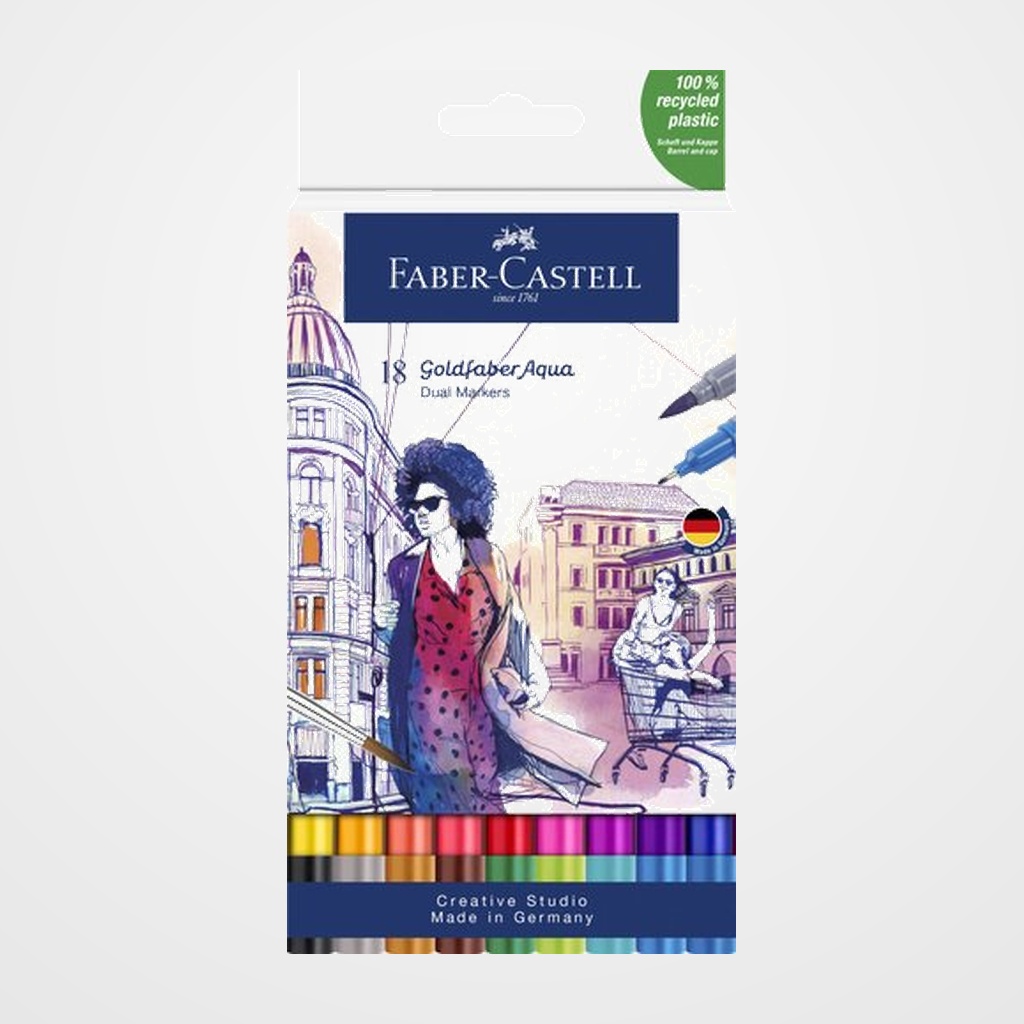 ROTULADORES ACUARELABLES FABER-CASTELL GOLDFABER AQUA DUAL MARKERS estuche de 18 SURTIDOS.
