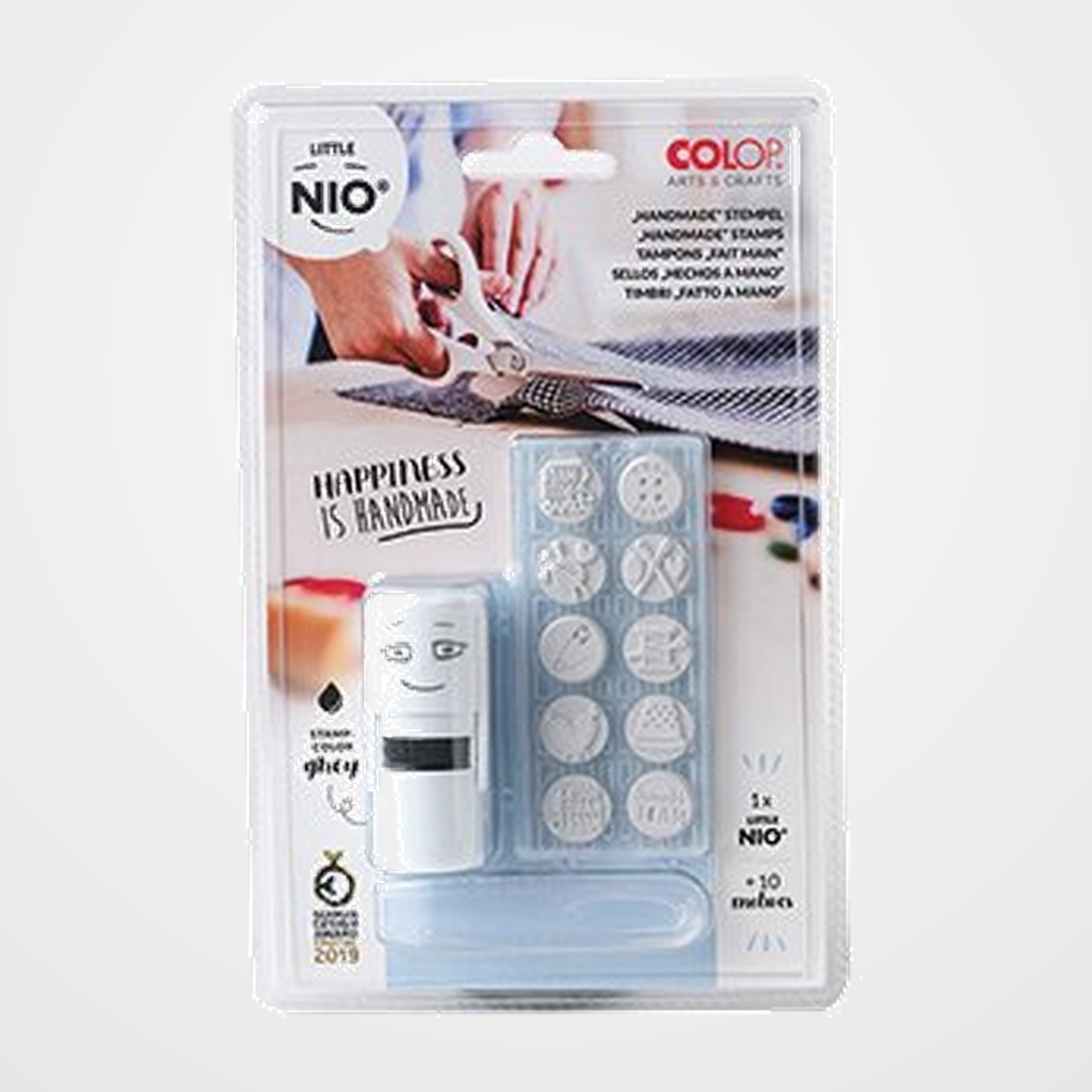 SELLO ent.AUT. COLOP PRINTER LITTLE NIO Ø17mm CON 10 GOMAS INTERCAMBIABLES CON MOTIVOS HAND MADE. GRIS (154573)