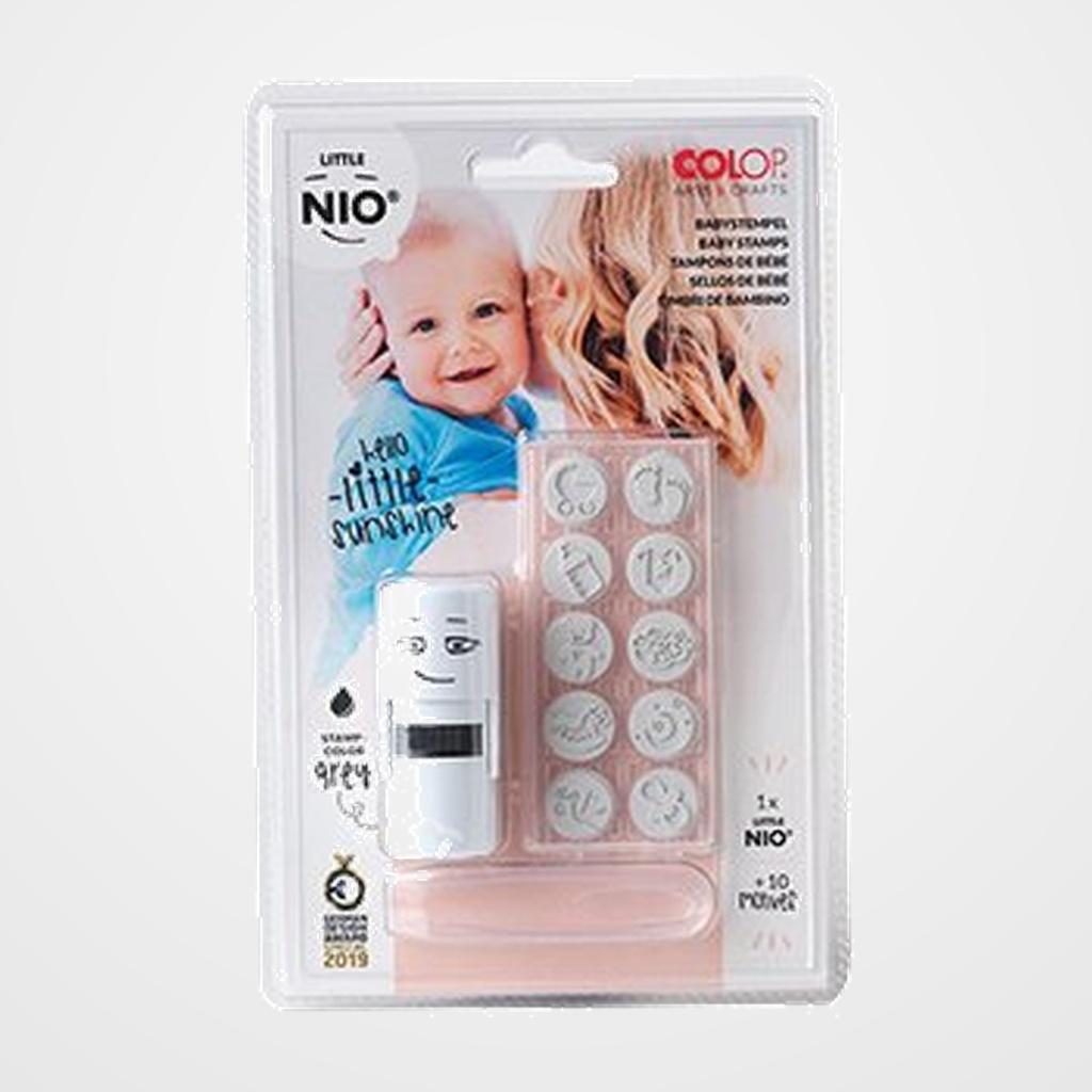 SELLO ent.AUT. COLOP PRINTER LITTLE NIO Ø17mm CON 10 GOMAS INTERCAMBIABLES CON MOTIVOS PARA BEBES. GRIS (154572)