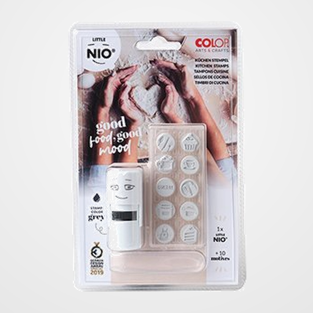 SELLO ent.AUT. COLOP PRINTER LITTLE NIO Ø17mm CON 10 GOMAS INTERCAMBIABLES CON MOTIVOS PARA COCINA. GRIS (154844)