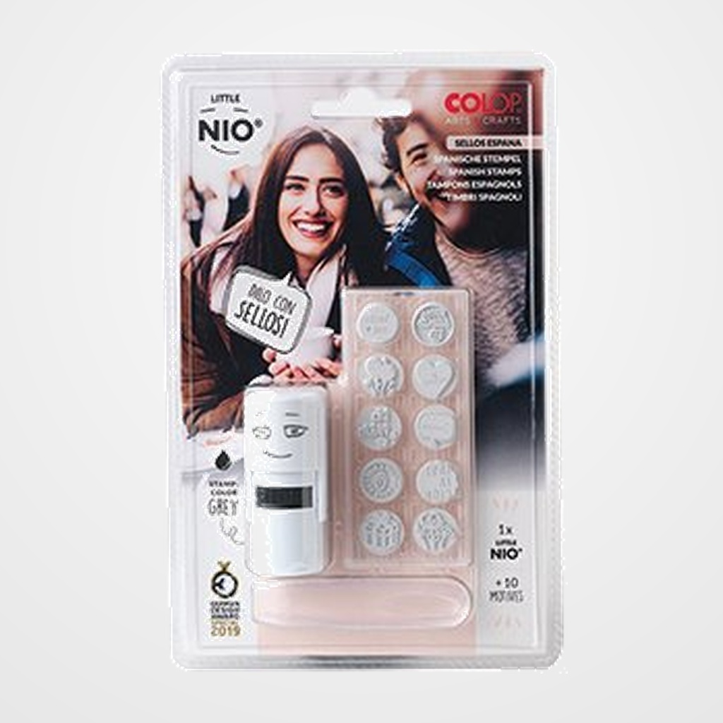 SELLO ent.AUT. COLOP PRINTER LITTLE NIO Ø17mm CON 10 GOMAS INTERCAMBIABLES CON MOTIVOS SURTIDOS. GRIS (154851)