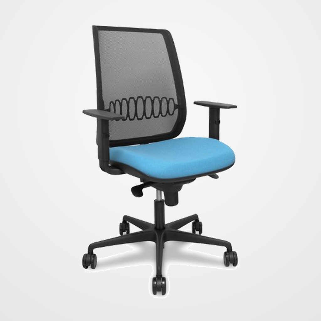 SILLA PIQUERAS Y CRESPO ALARES BRAZOS REGULABLES ERGONOMICA MECANISMO SINCRO RESPALDO MALLA NEGRA ASIENTO TAPIZADO BALI AZUL CIELO