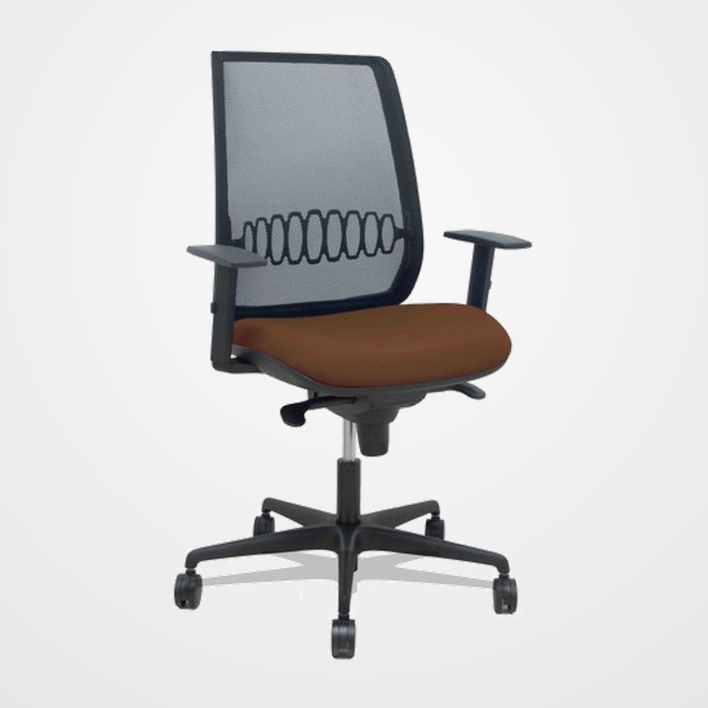 SILLA PIQUERAS Y CRESPO ALARES BRAZOS REGULABLES ERGONOMICA MECANISMO SINCRO RESPALDO MALLA NEGRA ASIENTO TAPIZADO BALI MARRON OSCURO