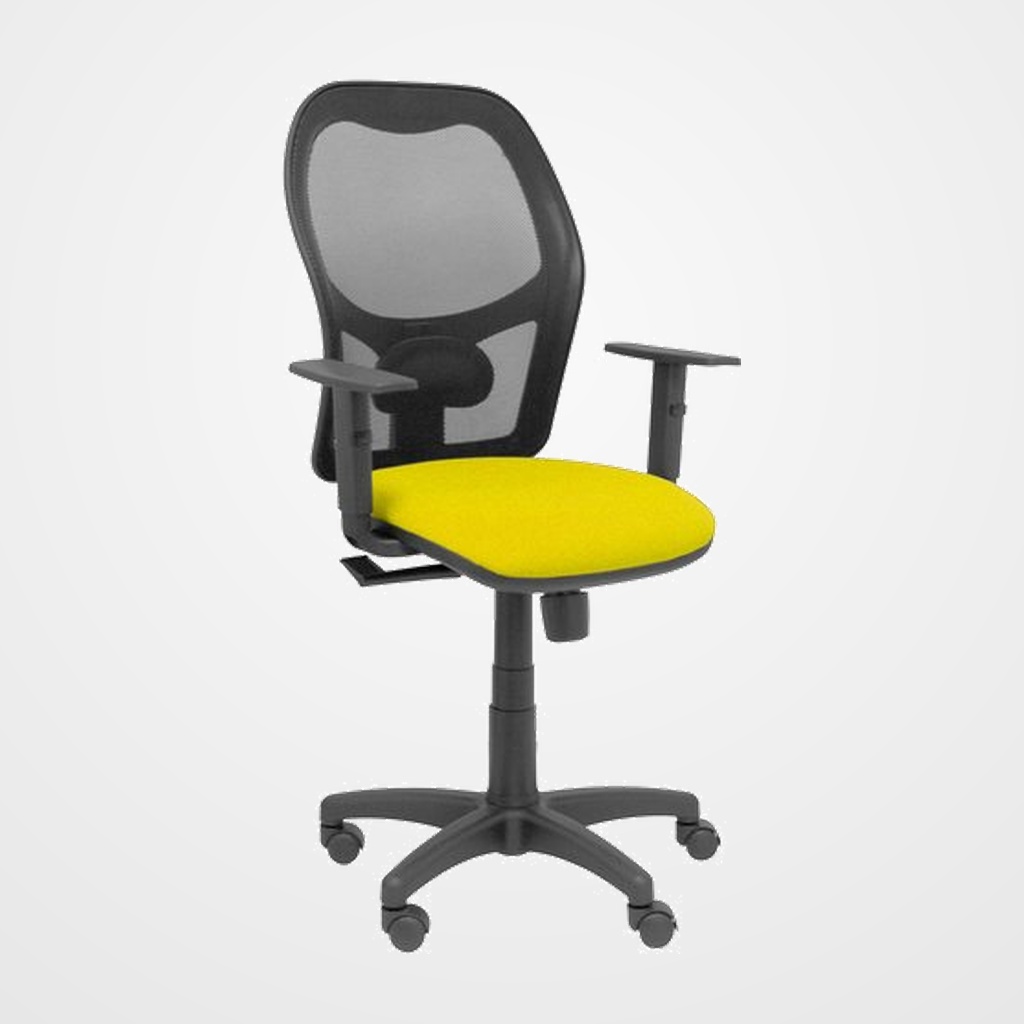 SILLA PIQUERAS Y CRESPO ALOCEN BRAZOS REGULABLES MECANISMO SINCRO REFUERZO LUMBAR RUEDAS NYLON RESPALDO MALLA NEGRA TRANSPIRABLE Y ASIENTO TAPIZADO BALI AMARILLO