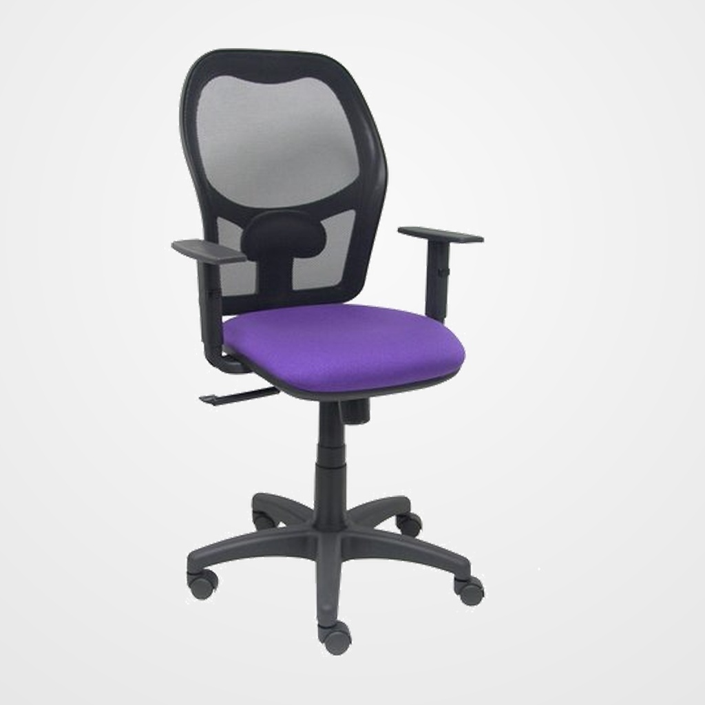 SILLA PIQUERAS Y CRESPO ALOCEN BRAZOS REGULABLES MECANISMO SINCRO REFUERZO LUMBAR RUEDAS NYLON RESPALDO MALLA NEGRA TRANSPIRABLE Y ASIENTO TAPIZADO BALI LILA
