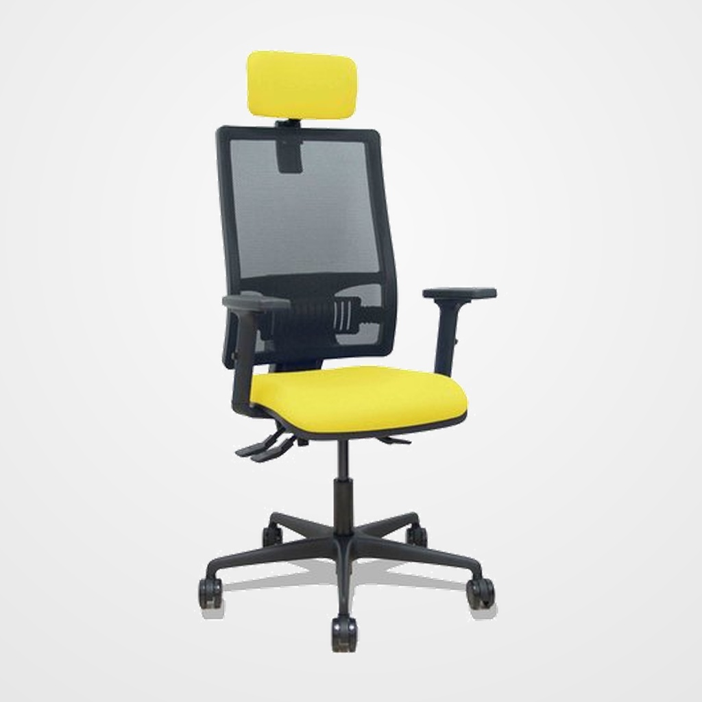 SILLA PIQUERAS Y CRESPO BORMATE BRAZOS 2D APOYO LUMBAR Y CABECERO REGULABLES MECANISMO ASINCRO RUEDAS NYLON de 65 RESPALDO DE MALLA NEGRA Y ASIENTO TAPIZADO BALI AMARILLO