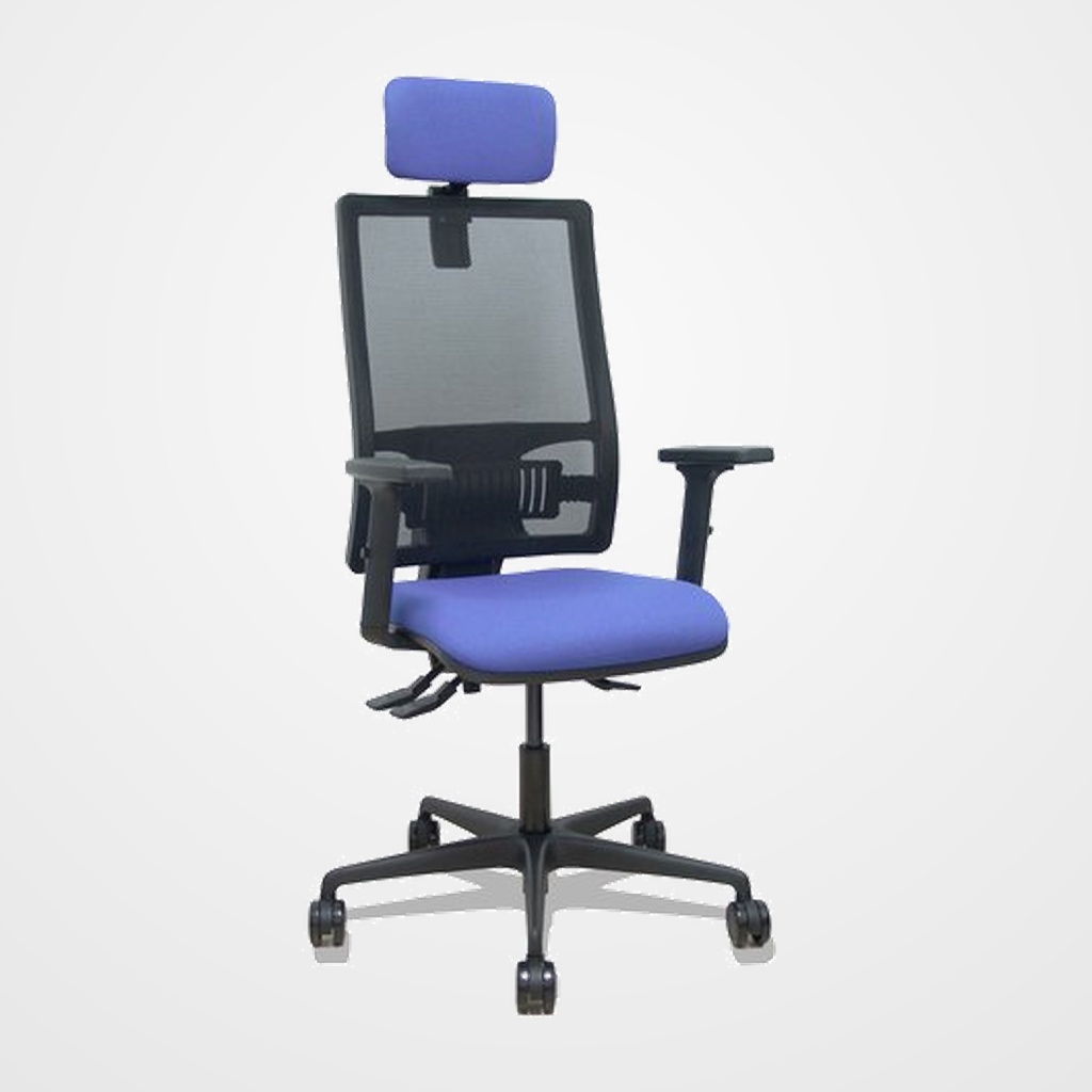 SILLA PIQUERAS Y CRESPO BORMATE BRAZOS 2D APOYO LUMBAR Y CABECERO REGULABLES MECANISMO ASINCRO RUEDAS NYLON de 65 RESPALDO DE MALLA NEGRA Y ASIENTO TAPIZADO BALI AZUL CLARO