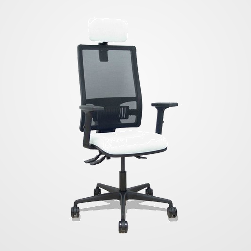 SILLA PIQUERAS Y CRESPO BORMATE BRAZOS 2D APOYO LUMBAR Y CABECERO REGULABLES MECANISMO ASINCRO RUEDAS NYLON de 65 RESPALDO DE MALLA NEGRA Y ASIENTO TAPIZADO BALI BLANCO