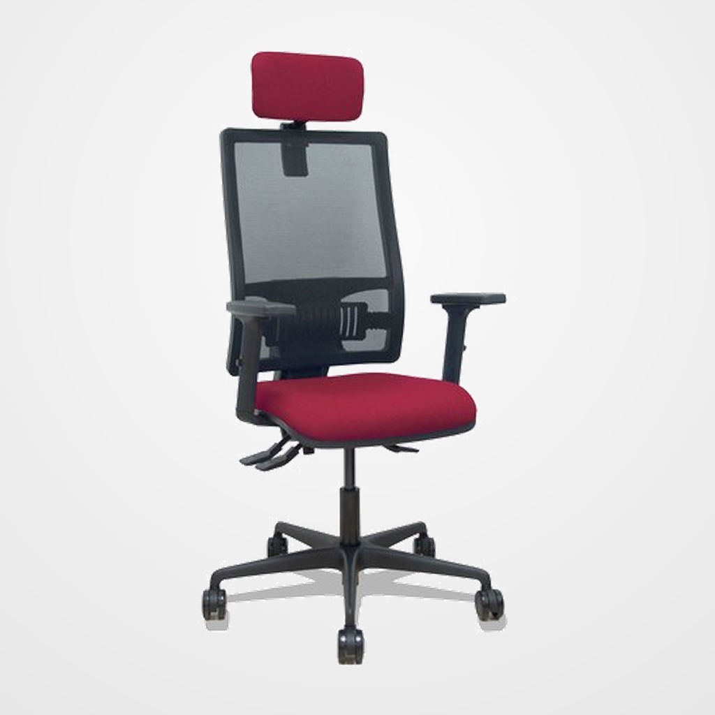 SILLA PIQUERAS Y CRESPO BORMATE BRAZOS 2D APOYO LUMBAR Y CABECERO REGULABLES MECANISMO ASINCRO RUEDAS NYLON de 65 RESPALDO DE MALLA NEGRA Y ASIENTO TAPIZADO BALI GRANATE