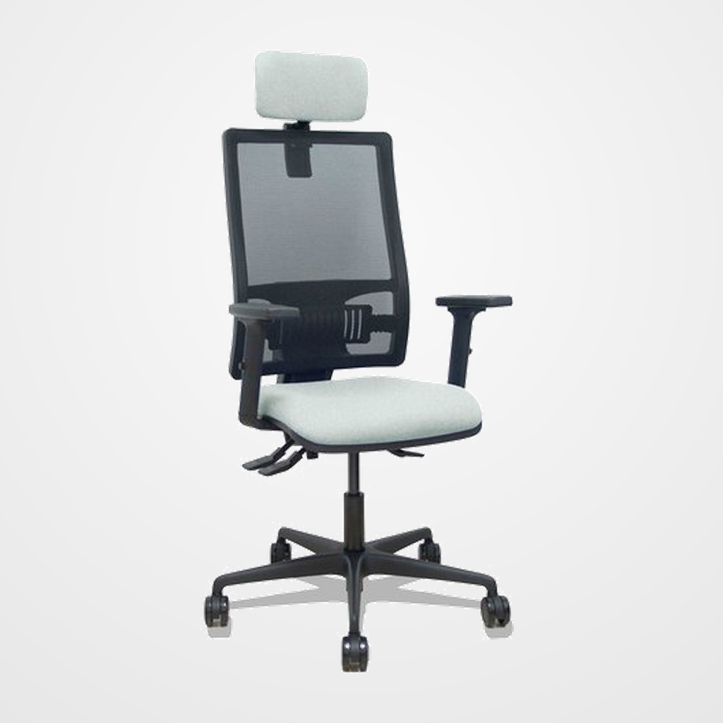 SILLA PIQUERAS Y CRESPO BORMATE BRAZOS 2D APOYO LUMBAR Y CABECERO REGULABLES MECANISMO ASINCRO RUEDAS NYLON de 65 RESPALDO DE MALLA NEGRA Y ASIENTO TAPIZADO BALI GRIS CLARO