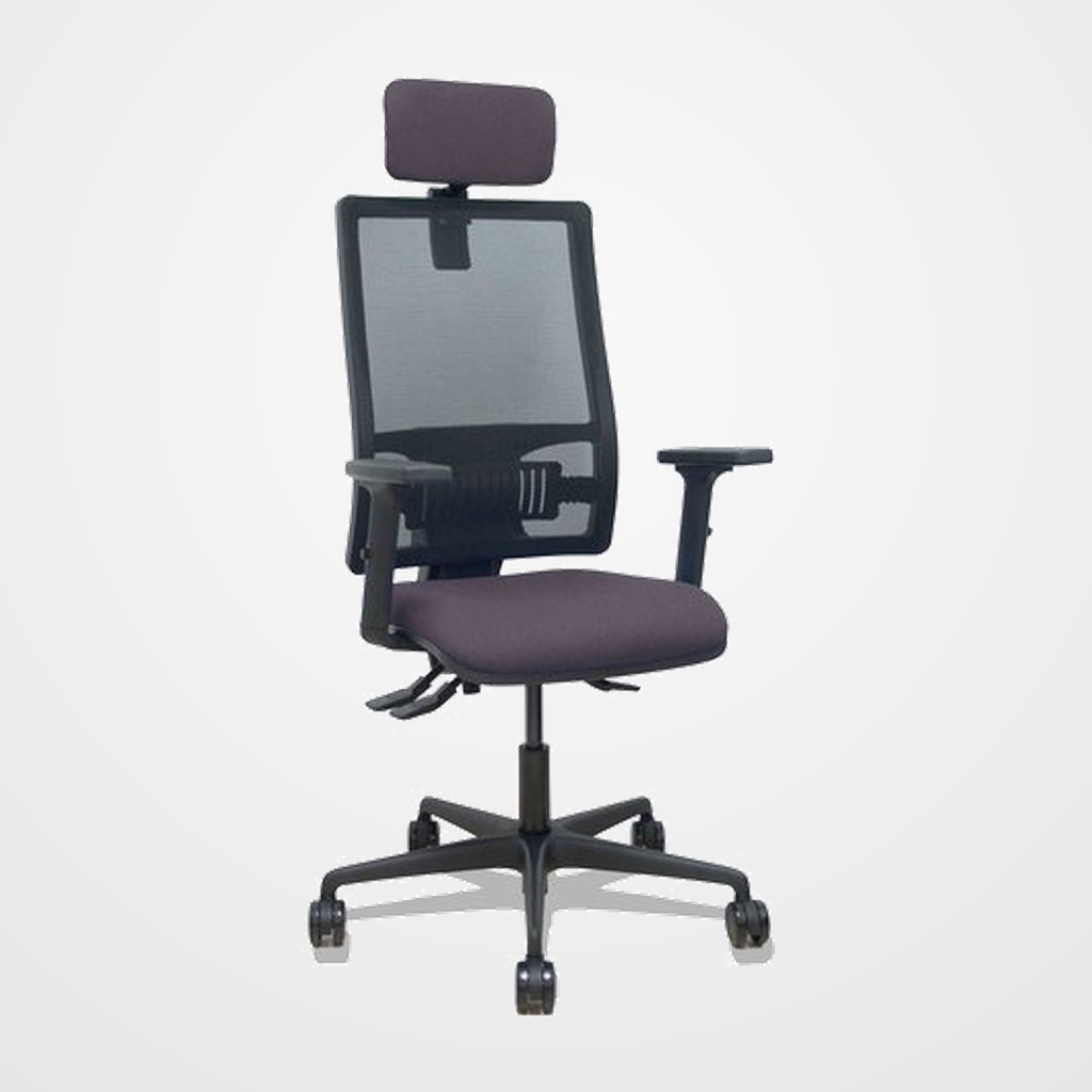 SILLA PIQUERAS Y CRESPO BORMATE BRAZOS 2D APOYO LUMBAR Y CABECERO REGULABLES MECANISMO ASINCRO RUEDAS NYLON de 65 RESPALDO DE MALLA NEGRA Y ASIENTO TAPIZADO BALI GRIS OSCURO