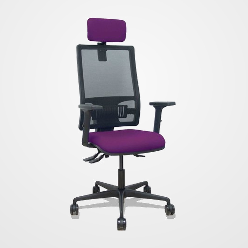 SILLA PIQUERAS Y CRESPO BORMATE BRAZOS 2D APOYO LUMBAR Y CABECERO REGULABLES MECANISMO ASINCRO RUEDAS NYLON de 65 RESPALDO DE MALLA NEGRA Y ASIENTO TAPIZADO BALI MORADO