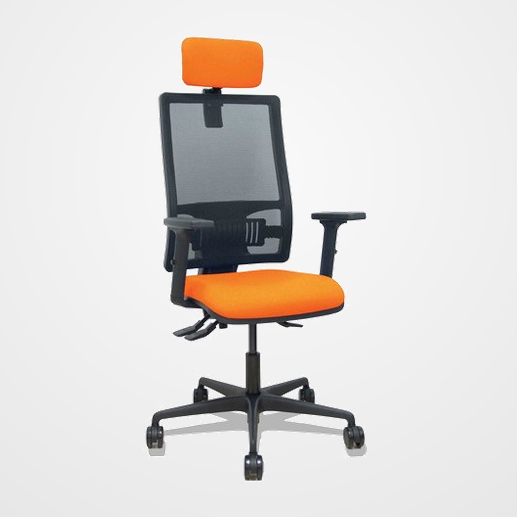 SILLA PIQUERAS Y CRESPO BORMATE BRAZOS 2D APOYO LUMBAR Y CABECERO REGULABLES MECANISMO ASINCRO RUEDAS NYLON de 65 RESPALDO DE MALLA NEGRA Y ASIENTO TAPIZADO BALI NARANJA