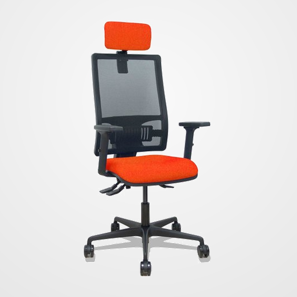SILLA PIQUERAS Y CRESPO BORMATE BRAZOS 2D APOYO LUMBAR Y CABECERO REGULABLES MECANISMO ASINCRO RUEDAS NYLON de 65 RESPALDO DE MALLA NEGRA Y ASIENTO TAPIZADO BALI NARANJA OSCURO