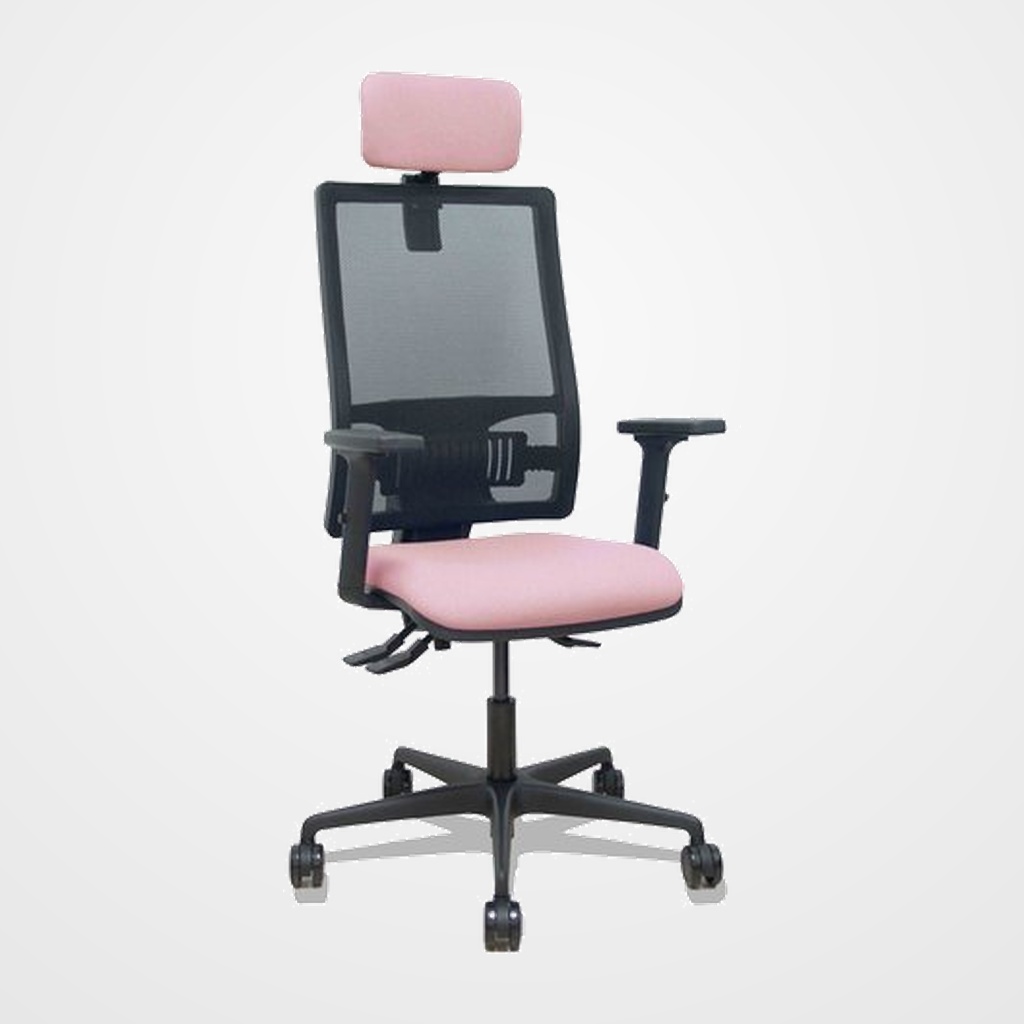 SILLA PIQUERAS Y CRESPO BORMATE BRAZOS 2D APOYO LUMBAR Y CABECERO REGULABLES MECANISMO ASINCRO RUEDAS NYLON de 65 RESPALDO DE MALLA NEGRA Y ASIENTO TAPIZADO BALI ROSA