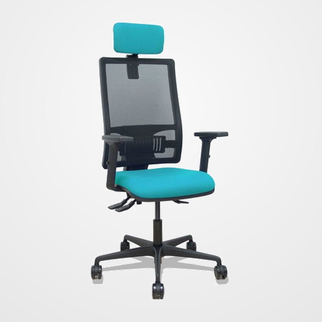 SILLA PIQUERAS Y CRESPO BORMATE BRAZOS 2D APOYO LUMBAR Y CABECERO REGULABLES MECANISMO ASINCRO RUEDAS NYLON de 65 RESPALDO DE MALLA NEGRA Y ASIENTO TAPIZADO BALI TURQUESA
