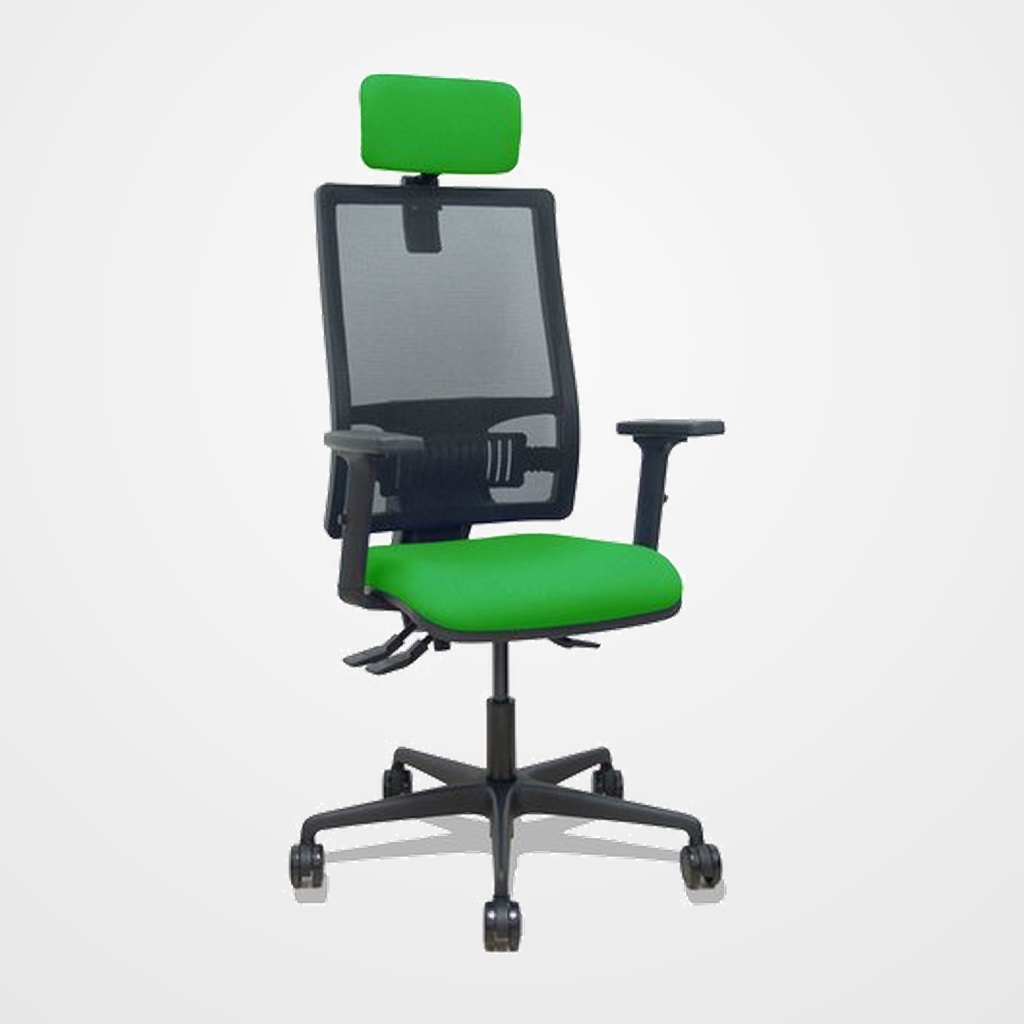 SILLA PIQUERAS Y CRESPO BORMATE BRAZOS 2D APOYO LUMBAR Y CABECERO REGULABLES MECANISMO ASINCRO RUEDAS NYLON de 65 RESPALDO DE MALLA NEGRA Y ASIENTO TAPIZADO BALI VERDE