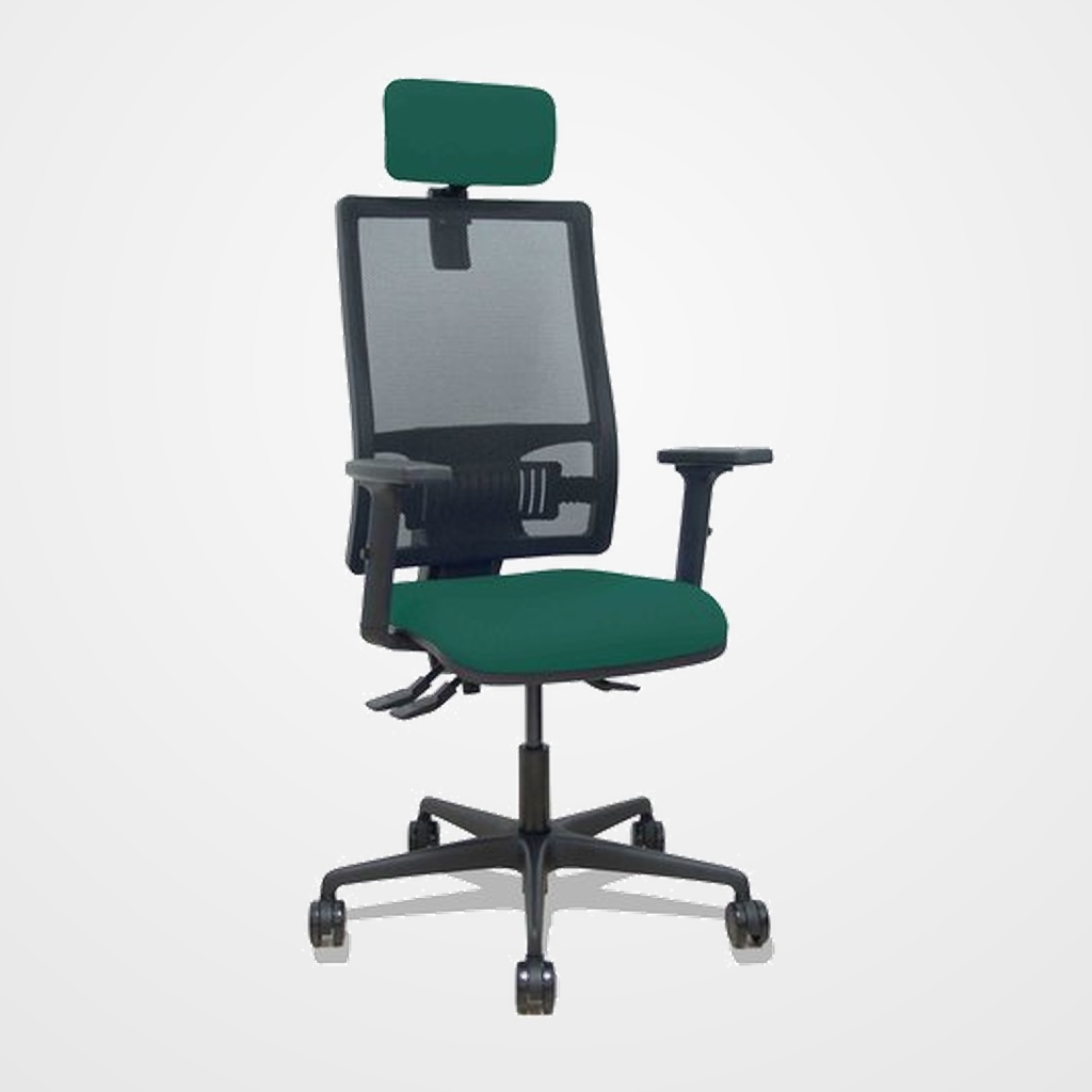 SILLA PIQUERAS Y CRESPO BORMATE BRAZOS 2D APOYO LUMBAR Y CABECERO REGULABLES MECANISMO ASINCRO RUEDAS NYLON de 65 RESPALDO DE MALLA NEGRA Y ASIENTO TAPIZADO BALI VERDE BOTELLA