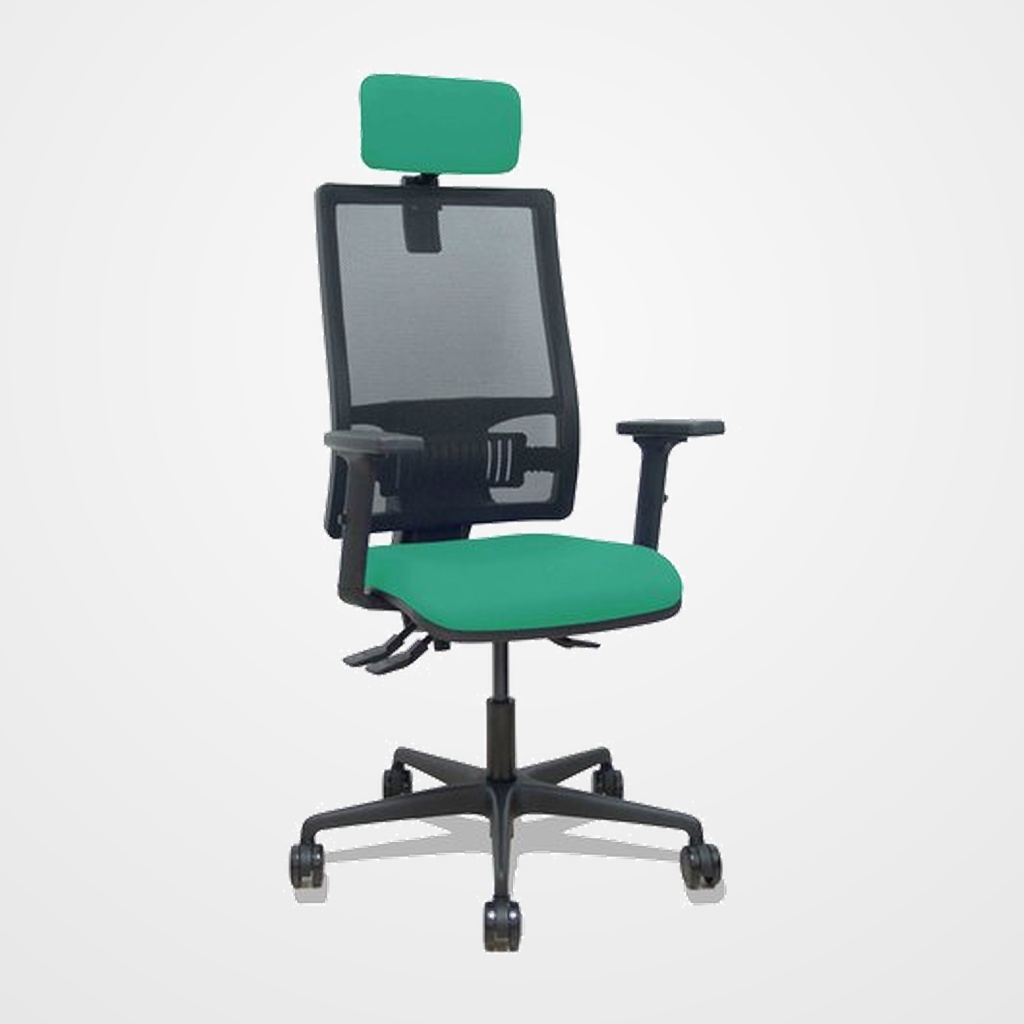 SILLA PIQUERAS Y CRESPO BORMATE BRAZOS 2D APOYO LUMBAR Y CABECERO REGULABLES MECANISMO ASINCRO RUEDAS NYLON de 65 RESPALDO DE MALLA NEGRA Y ASIENTO TAPIZADO BALI VERDE ESMERALDA