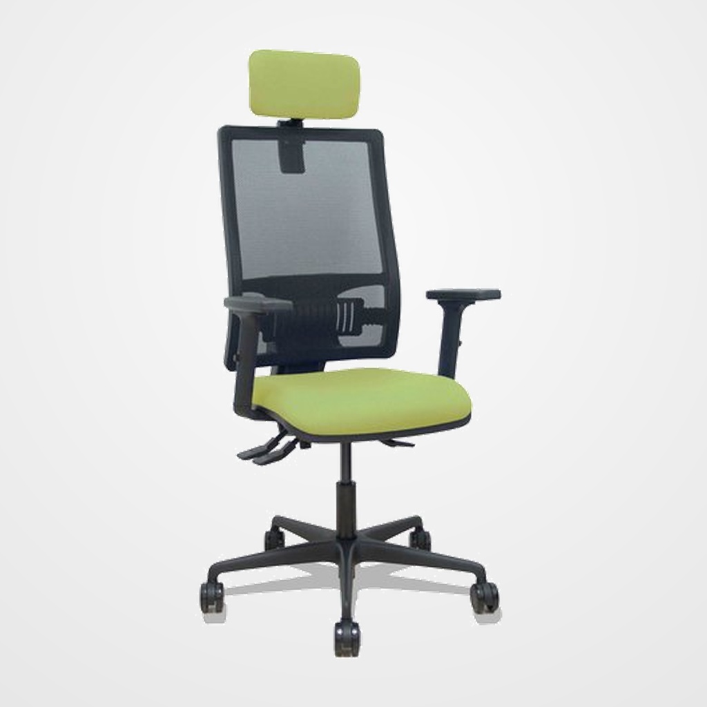 SILLA PIQUERAS Y CRESPO BORMATE BRAZOS 2D APOYO LUMBAR Y CABECERO REGULABLES MECANISMO ASINCRO RUEDAS NYLON de 65 RESPALDO DE MALLA NEGRA Y ASIENTO TAPIZADO BALI VERDE OLIVA